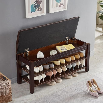 Shoe Storage Bench, Entryway Shoe Rack with Fiberleather Seat 2-Tier Lift Top Organizer Wooden Shoe Bench for Entryway Hallway Living Room (Dark Brown 39.4x13.8x18.9'')