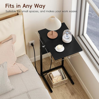 Vagusicc C Shaped End Table with Charging Station, Small Side Table for Couch, Couch Side Tables Recliner Desk, Slide Under Sofa Table TV Tray Arm C Tables for Living Room, Bedroom, Bedside, Black