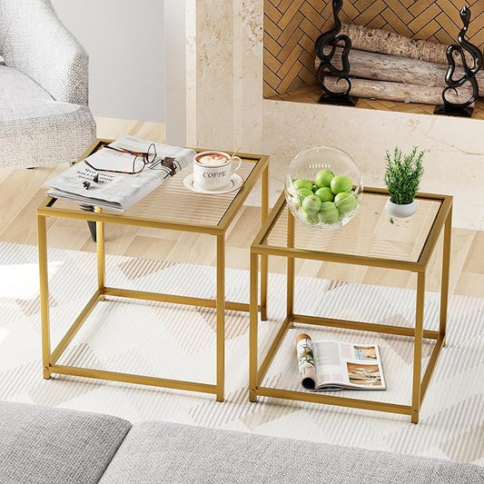 VILAWLENCE Coffee Table Set of 2, Modern Gold Patterned Glass Side Table, Metal Frame Square End Table, Center Tables Nesting Coffee Table for Living Room,Bedroom and Small Spaces