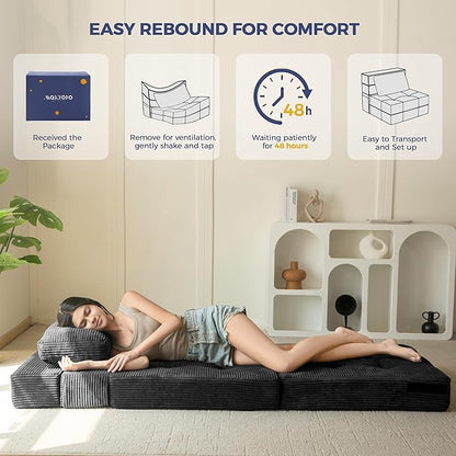 MAXYOYO Convertible Sofa Bed, Fold Out Single Sleeper Sofa with Pillow, 4 in 1 Tufted Folding Couch Bed Foam Floor Couch, Lazy Chair for Living Room Bedroom Guest Room, Black