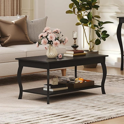 ChooChoo Coffee Table, Modern Center Table with Curved Legs and Storage Shelf, 39" Coffee Table for Living Room, Black