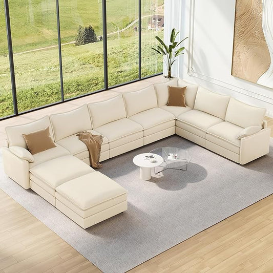 Vesgantti Large Modular Sectional Sofa, Big Comfy Cloud Couch with Ottoman Deep Seat Chenille Cloud Sofa, 9 Seater Large Sectional Couches for Living Room, Bedroom and Apartment, Beige