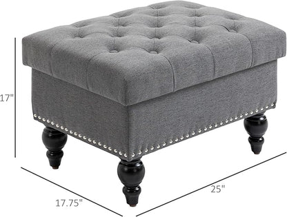 HOMCOM Ottoman with Storage for Living Room, 25" Storage Ottoman with Removable Lid, Button-Tufted Fabric Bench for Footrest and Seat with Wood Legs, Gray