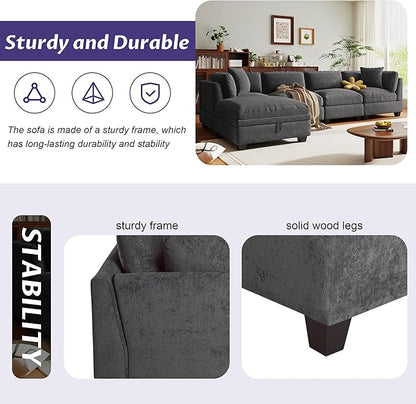 127.6 Inch 5-Seat Modular Convertible Sectional Sofa with Removable Storage Ottoman and 2 Hidden Cupholder, L-Shaped Upholstery Corner Couch for Living Room Apartment Office, Grey