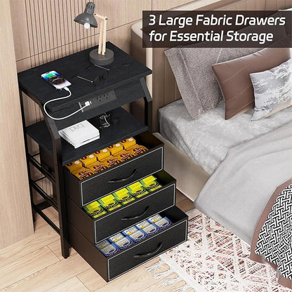 End Table with 3 Drawers, Nightstand with Charging Station and LED Lights, Small Fabric Dresser for Bedside, Storage Side Table for Living Room Dorm, Black
