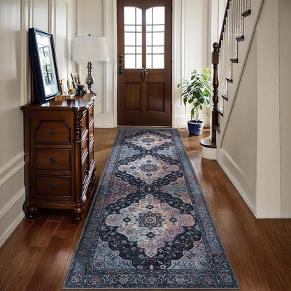 Tangsoo 2.6x8 Washable Runner Rug for Hallways, Non Slip Vintage Runner, Soft Low Pile Long Rug Runner, Print Distressed Navy Carpet Runners for Kitchen Bedroom Entryway Bathroom Living Room