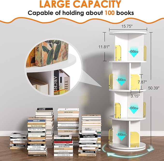 VECELO 4-Tier Rotating Bookshelf, Small Corner Bookshelf for Small Space, 360 Display Floor Standing Bookcase Storage Rack, Wood Narrow Book Shelf Organizer for Bedroom, Living Room, White