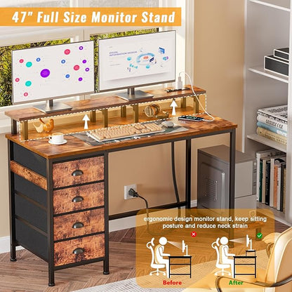 Furologee 47" Computer Desk with 4 Fabric Drawers & Monitor Stand, Gaming Desk with Power Outlets - LED Lights, Home Office Space-Saving Study Table for Bedroom Small Spaces (Rustic Brown)
