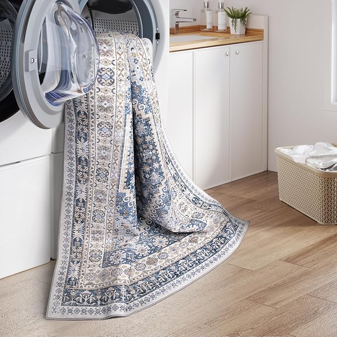 zesthome 10x12 Area Rugs,Stain Resistant Washable Rug,Ultra-Thin Rugs for Living Room,Bedroom,Non-Slip Backing Home Decor Large Area Rug (Blue/Beige,10'x12')