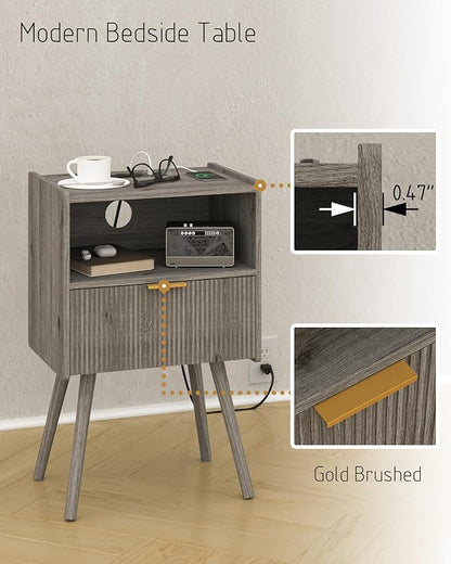 Nightstand with Outlet,Modern Bedside Table with Storage Drawer and Open Wood Shelf, for Living Room, Bedroom and Small Spaces, Accent Night Stand with Solid Wood Legs, Easy Assembly,Grey Oak