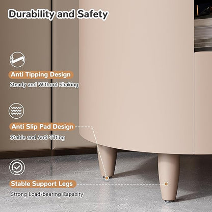 Merax Round Nightstand with Storage Drawer, MDF Contemporary Modern Bedside Table with Open Storage Shelf, Curved Design Sofa End Table for Bedroom & Living Room, Easy Assembly, Khaki