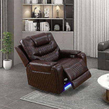 Recliner Chair, Leather Recliner Home Theater Seating, Electric Reclining Chair with USB Ports and Cup Holders, Breathing Chair with Hidden Arm Storage, Dark Brown