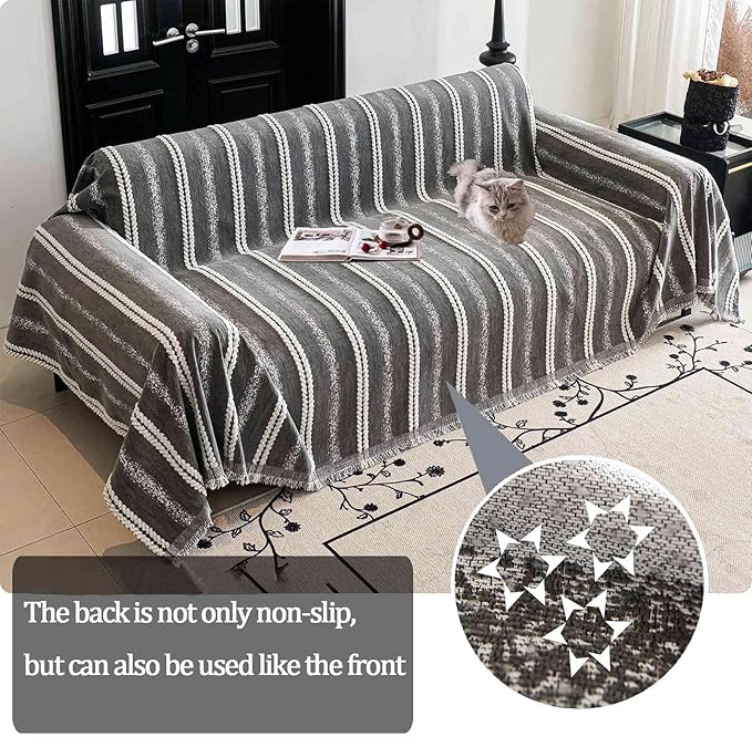 Couch Cover for Dogs Washable Sofa Cover, Sectional Couch Covers, Sofa Covers for 2 Cushion Couch, Non Slip Stripe Sofa Slipcovers Furniture Protector, Couch Protector from Cat Claws, Grey,71''x150''