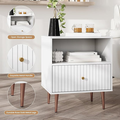White Night Stand Set 2,Modern Bedside Table with Door and Open Storage,Fluted Nightstand and Wood End Side Table with Rose Gold Metal Legs and Handles for Bedroom,Living Room,White