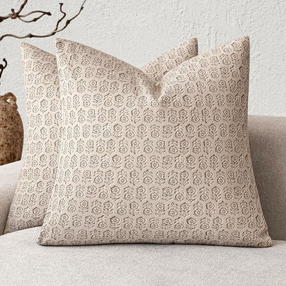 Foindtower Set of 2 Decorative Neutral Floral Print Throw Pillow Covers Vintage Accent Farmhouse Cushion Covers Boho Home Decor for Sofa Couch Chair Bedroom Living Room Outdoor,24×24 Inch,Ivory Beige