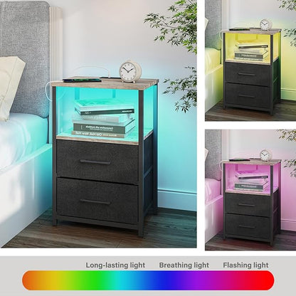 TUTOTAK LED End Table with Charging Station, Nightstand with Cloth Drawer, Side Table with 1 USB Port and 1 Type-C Port, Set of 2, Couch Table, Greige TB01BG052L