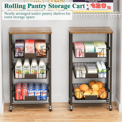 Kitchen Storage Cart with Wheels, 4-Tier Metal Utility Rolling Cart Fruit Vegetable Storage Basket Pantry Rack with Wood Top & Pull Out Baskets for Kitchen, Livingroom, Diningroom, Office