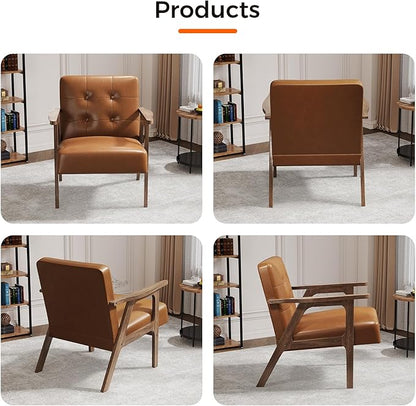 Casaottima PU Leather Accent Chair Mid Century Comfy Cozy Chair with Solid Wood Legs,Modern Arm Reading Chair with Button Tufted Back for Living Room Bedroom (Dark Brown)