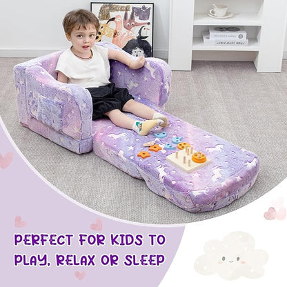 Comfy Toddler Couch and Chair for Kids with Blanket, 2-in-1 Soft Plush Fold Out Kids Sofa Chairs for Girls and Boys, Convertible Sofa to Lounger for Playroom