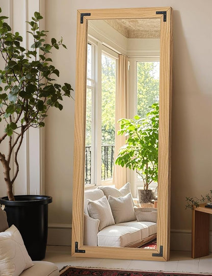 Full Length Mirror with Wooden Frame, 65"X24" Solid Wood Standing Floor Mirror for Farmhouse, Bathroom, Bedroom, Hanging or Leaning Wall-Mounted(Natural)