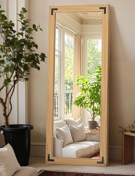 Full Length Mirror with Wooden Frame, 65"X24" Solid Wood Standing Floor Mirror for Farmhouse, Bathroom, Bedroom, Hanging or Leaning Wall-Mounted(Natural)