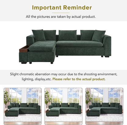 Merax 93.7" L-Shaped Sectional Sofa with Wooden Storage Compartment, Chenille Upholstered Deep Seating Sleeper Couch & Chaise Lounge and Throw Pillows for Living Room, Green