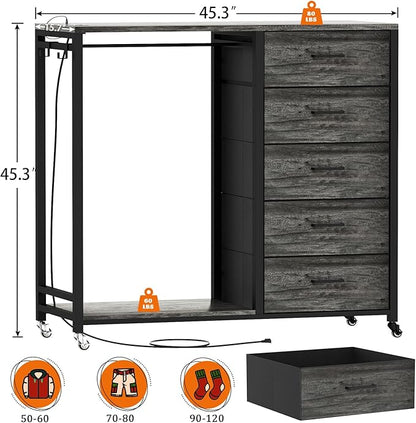 Cyclysio Dresser for Bedroom with Clothes Rack, 5 Fabric Drawers Dresser with Charging Station & LED Lights, Tall Storage Chest of Drawers with Wheels, Wooden Top, Lockable Wheels, Closet, Grey