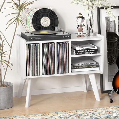 Forevich Record Player Stand Table with Vinyl Storage Holder Large Turntable Record Stand with Power Outlet Holds Up to 220 Albums Display Shelf Cabinet with Wood Legs for Living Room White