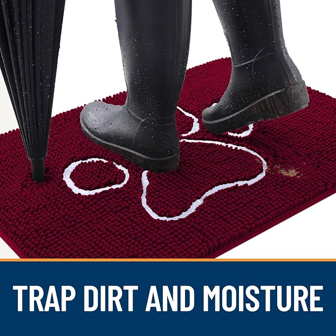 OLANLY Door Mat for Muddy Dog Paws 47x24, Ultra Absorbent Chenille Mud Doormat with Paw Print Design, Non-Slip Washable Doormat for Indoor Entryway, Quick-Dry Pet Bed Mats for Dirty Dogs, Burgundy