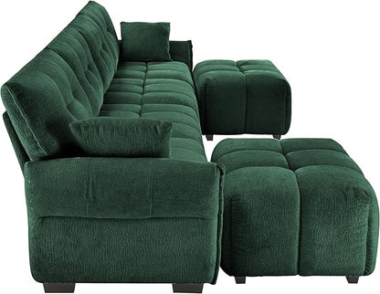 Modern Chenille Fabric 4-Seat Sofa w/Two Ottoman+2 Pillows, Premium Upholstery Living Room Couch with Tufted Backrest & Comfortable Armrests and High-Resilience Memory Foam Cushions,Green