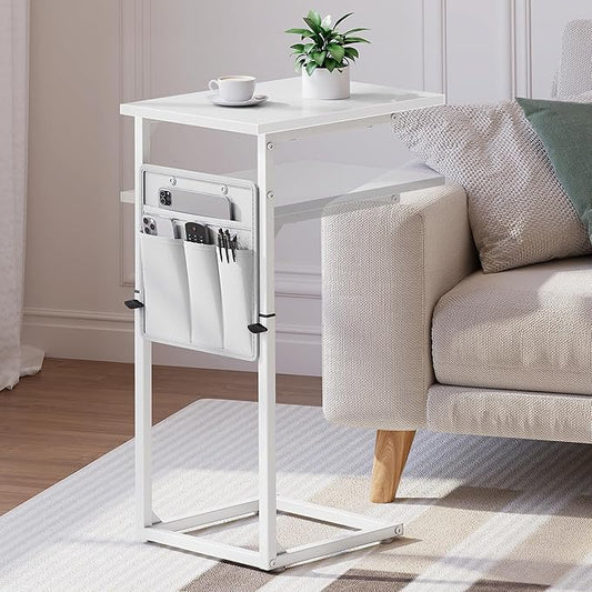 Vagusicc C Shaped End Table, 33" Tall Side Table for Couch, Adjustable Height Recliner Table Small Couch Side Tables, Sofa Tables Slide Under Sofa TV Tray Arm C Table for Living Room, Bedroom, White