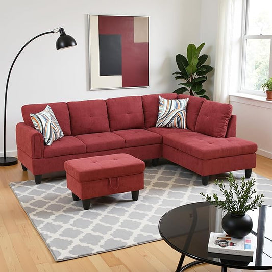 Couches for Living Room Modern L Shaped Couch Comfy Fluffy Fabric 3 Pieces Sectional Sofa with Chaise, Ottoman with Storage for Office and Small Apartment, Red