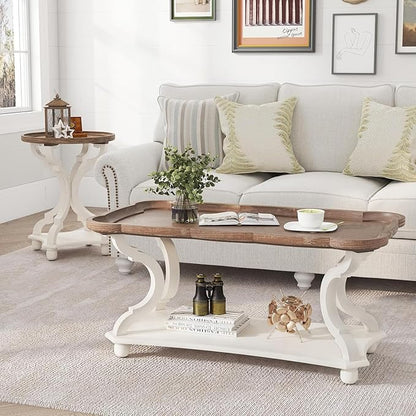 Function Home Farmhouse Coffee Table, Rustic White Cocktail Table with Storage Shelf, Sofa Table with Natural Tray Top and Carved Legs for Living Room Furniture Dining Room, Vintage White