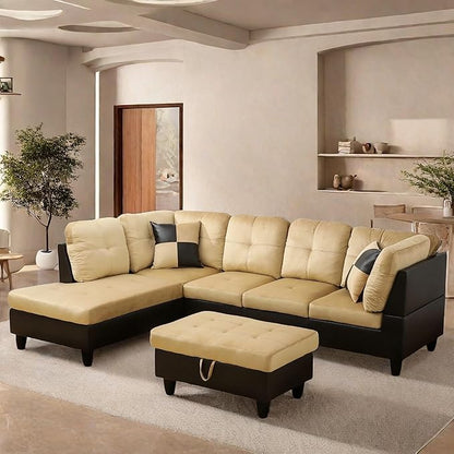 L Shaped Sectional Couch with Otttoman, 103" Sectional Sofa for Living Room Flannel Modular Couches with Cup Holders for Bedroom, Apartments, Beige &Brown