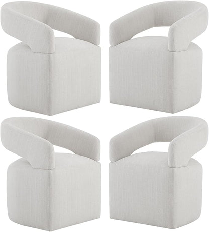 Upholstered Dining Chairs with Casters Modern Barrel Side Armchair with Rollers for Diningroom Bedroom Livingroom Reading Room, Linen, 4PCS
