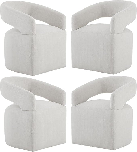 Upholstered Dining Chairs with Casters Modern Barrel Side Armchair with Rollers for Diningroom Bedroom Livingroom Reading Room, Linen, 4PCS