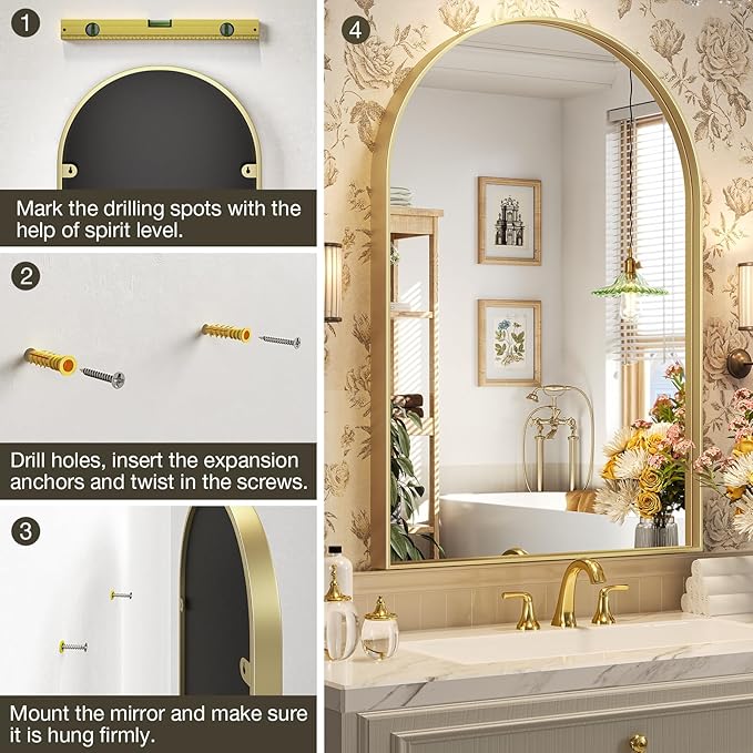 Brightify Arched Mirror, 30 x 40 Inch Gold Arch Mirror, Metal Frame Wall Mirror, Top Bathroom Vanity Mirror for Living Room Bedroom Mantle