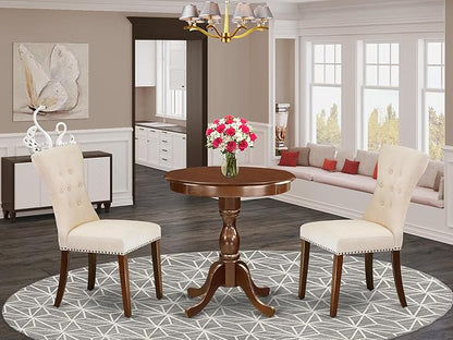 East West Furniture ESGA3-MAH-32 3 Piece Dining Table Set for Small Spaces Contains a Round Wooden Table with Pedestal and 2 Light Beige Linen Fabric Parson Chairs, 30x30 Inch, Mahogany