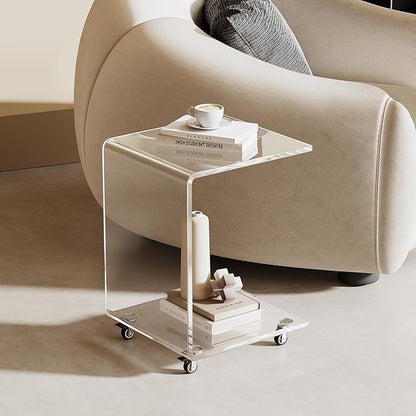 Modern Acrylic Side Table, C-Shaped Sofa Table Nightstand with Storage and Lockable Wheels for Living Room, Bedroom, Office, Bedside, Couch, 13.38" D x 14.17" W x 21.65" H