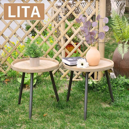 LITA 2 Pcs Round Side End Table, Nightstand Tables, Log Desktop, Wooden Tray Table with Black Metal Stand End Table for Living Room Bedroom Office Small Spaces (M)