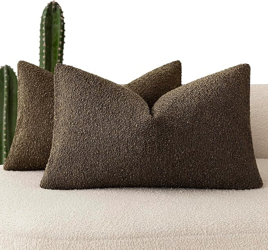 Foindtower Pack of 2 Textured Boucle Throw Pillow Covers Accent Solid Decorative Lumbar Pillow Cases Cozy Couch Cushion Case for Chair Sofa Bedroom Living Room Home Decor 12x20 Inch Chocolate