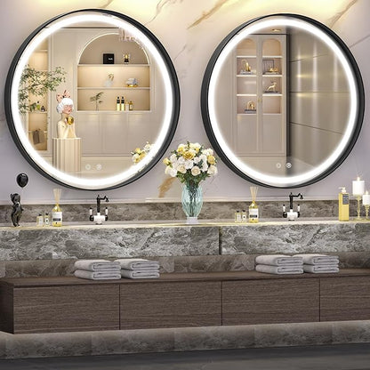 Hasipu 24 Round LED Mirror for Bathroom with Lights, Black Circle Vanity Mirror for Wall, Metal Framed Frontlit Bathroom Mirrors Anti-Fog, Dimmable, 3 Colors Makeup Mirror Wall Mounted