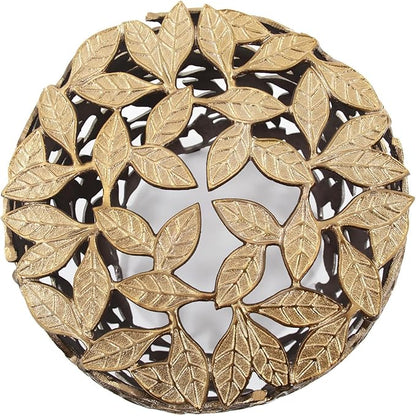 Howard Elliott Olive Leaf Round Side Table & Stool, Unique Bronze Finish Cast Aluminum Bedside Table, Modern Accent Decoration Side End Table for Living Room, Balcony & Bedroom, 17 x 16.25 Inch