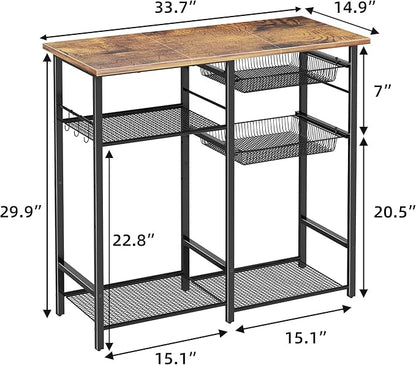 Kitchen Baker’s Rack, Microwave Stand with 2 Mesh Basket, Coffee Bar, 6 S-Shaped Hook, for Kitchen Storage Shelf, Living Room, Rustic Brown and Black