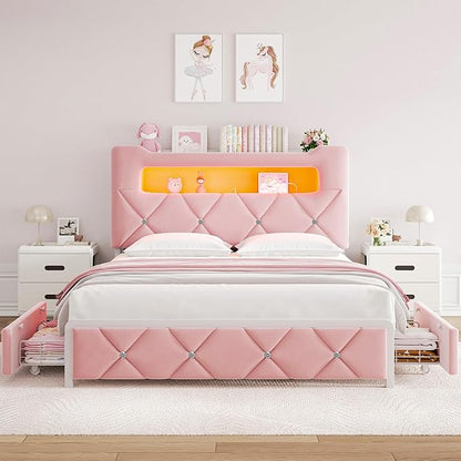 Full Upholstered LED Bed Frame with 2 Storage Drawers and 2-Tier Storage Headboard, Velvet Princess Platform Bed with Charging Station & Bookcase, Corner Bed Frame, Heavy Duty Metal Support, Pink
