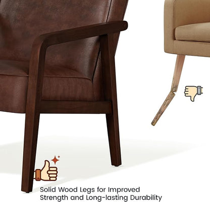 Yaheetech PU Leather Accent Chair, Mid-Century Modern Barrel Chair with Wooden Frame and Soft Thick Padded for Living Room Bedroom Home Office, Dark Brown