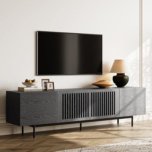 POVISON Full Assembled Mid-Century Modern TV Stand with Slatted Doors, Wood Media Console for 75 Inch TV, TV Console with Tall-cast Metal Legs, Entertainment Center with Storage for Living Room