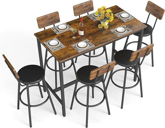 Rovibek Dining Table Set for 6, Bar Table and Chairs Set, Modern 6 Piece High Top Table and Chairs, Industrial Bar Height Pub Tables for Kitchen, Dining Room, Brown