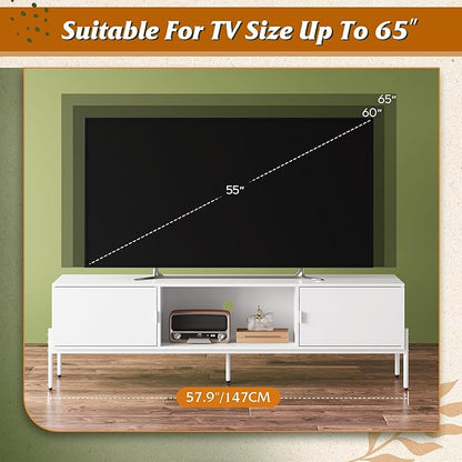 WLIVE Modern TV Stand for 65 Inch TV, Mid Century Entainment Center with Storage Cabinets, TV Console for Bedroom and Living Room, TV Cabinet with Metal Legs, White