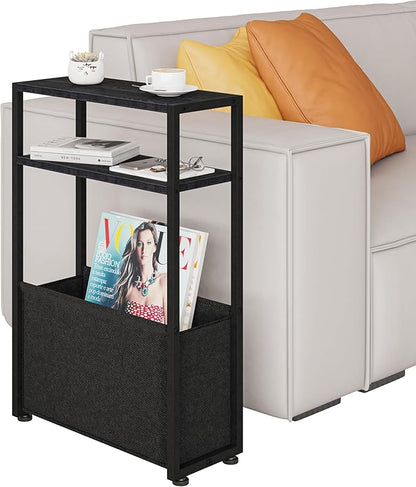 Black Side Table, Slim Side Table with Magazine Rack, Bathroom Table for Small Spaces, Narrow Bedside Table for Living Room, Bedroom